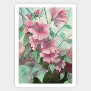 Pink hollyhocks watercolour painting Sticker